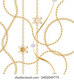 Seamless pattern decorated with precious stones, gold chains and pearls.