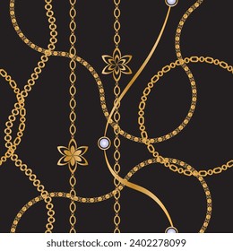 Seamless pattern decorated with precious stones, gold chains and pearls.