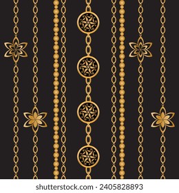 Seamless pattern decorated with precious stones, gold chains and pearls.