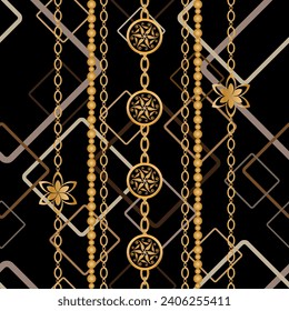 Seamless pattern decorated with precious stones, gold chains and pearls.