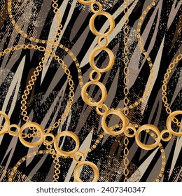 Seamless pattern decorated with precious stones, gold chains and pearls.