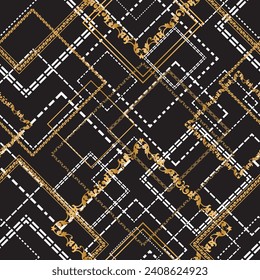 Seamless pattern decorated with precious stones, gold chains and pearls.