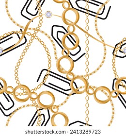 Seamless pattern decorated with precious stones, gold chains and pearls.
