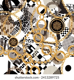 Seamless pattern decorated with precious stones, gold chains and pearls.