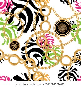 Seamless pattern decorated with precious stones, gold chains and pearls.