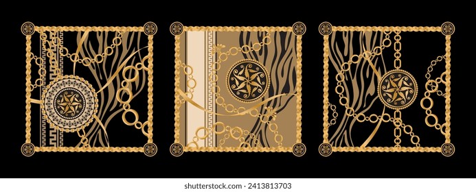 Seamless pattern decorated with precious stones, gold chains and pearls.