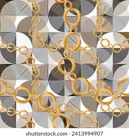 Seamless pattern decorated with precious stones, gold chains and pearls.
