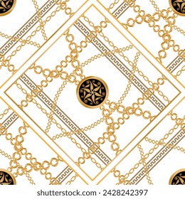 Seamless pattern decorated with precious stones, gold chains and pearls.