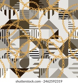 Seamless pattern decorated with precious stones, gold chains and pearls.