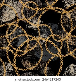 Seamless pattern decorated with precious stones, gold chains and pearls.