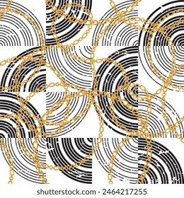 Seamless pattern decorated with precious stones, gold chains and pearls.