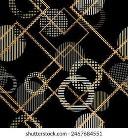 Seamless pattern decorated with precious stones, gold chains and pearls.