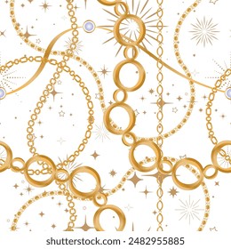 Seamless pattern decorated with precious stones, gold chains and pearls.