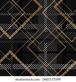 Seamless pattern decorated with precious stones, gold chains and pearls.