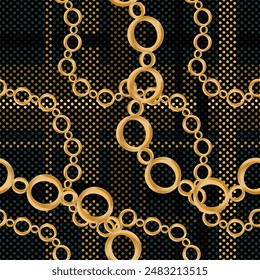 Seamless pattern decorated with precious stones, gold chains and pearls.