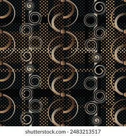 Seamless pattern decorated with precious stones, gold chains and pearls.