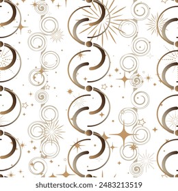 Seamless pattern decorated with precious stones, gold chains and pearls.