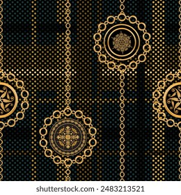 Seamless pattern decorated with precious stones, gold chains and pearls.