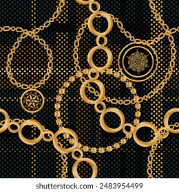 Seamless pattern decorated with precious stones, gold chains and pearls.