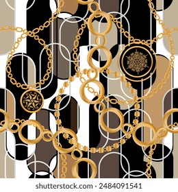 Seamless pattern decorated with precious stones, gold chains and pearls.