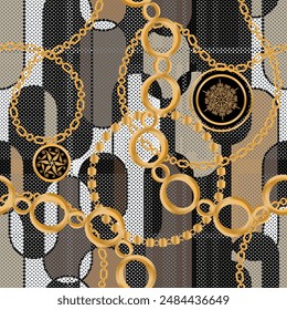 Seamless pattern decorated with precious stones, gold chains and pearls.