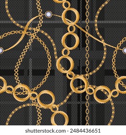 Seamless pattern decorated with precious stones, gold chains and pearls.