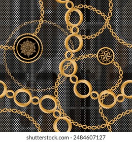 Seamless pattern decorated with precious stones, gold chains and pearls.