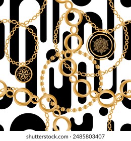 Seamless pattern decorated with precious stones, gold chains and pearls.