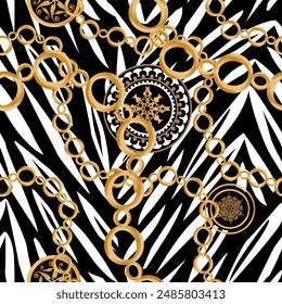 Seamless pattern decorated with precious stones, gold chains and pearls.