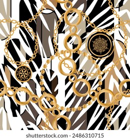 Seamless pattern decorated with precious stones, gold chains and pearls.