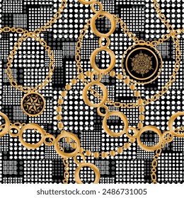 Seamless pattern decorated with precious stones, gold chains and pearls.