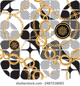 Seamless pattern decorated with precious stones, gold chains and pearls.