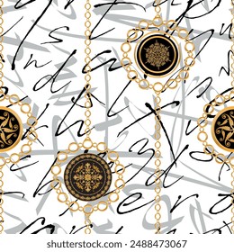 Seamless pattern decorated with precious stones, gold chains and pearls.