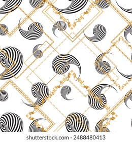 Seamless pattern decorated with precious stones, gold chains and pearls.