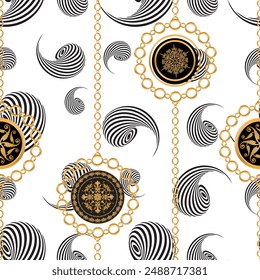 Seamless pattern decorated with precious stones, gold chains and pearls.