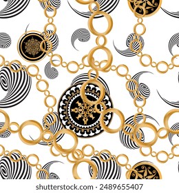 Seamless pattern decorated with precious stones, gold chains and pearls.