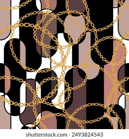 Seamless pattern decorated with precious stones, gold chains and pearls.