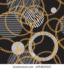 Seamless pattern decorated with precious stones, gold chains and pearls.