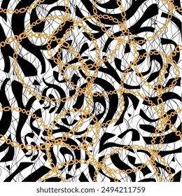 Seamless pattern decorated with precious stones, gold chains and pearls.