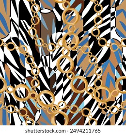 Seamless pattern decorated with precious stones, gold chains and pearls.