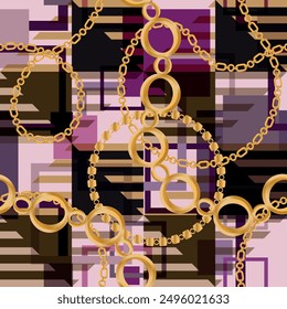 Seamless pattern decorated with precious stones, gold chains and pearls.