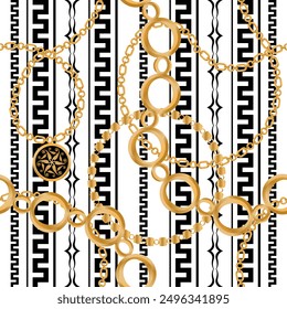 Seamless pattern decorated with precious stones, gold chains and pearls.