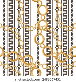 Seamless pattern decorated with precious stones, gold chains and pearls.