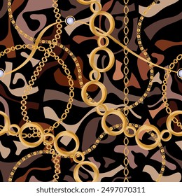 Seamless pattern decorated with precious stones, gold chains and pearls.