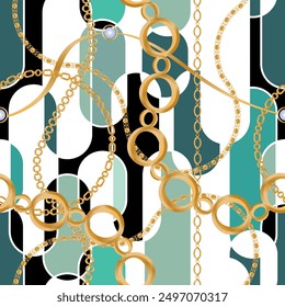 Seamless pattern decorated with precious stones, gold chains and pearls.