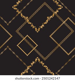 Seamless pattern decorated with precious stones, gold chains and pearls.