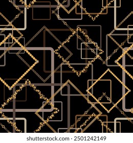 Seamless pattern decorated with precious stones, gold chains and pearls.