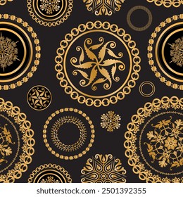 Seamless pattern decorated with precious stones, gold chains and pearls.