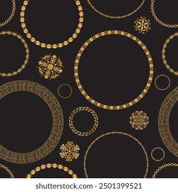 Seamless pattern decorated with precious stones, gold chains and pearls.