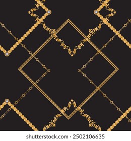 Seamless pattern decorated with precious stones, gold chains and pearls.